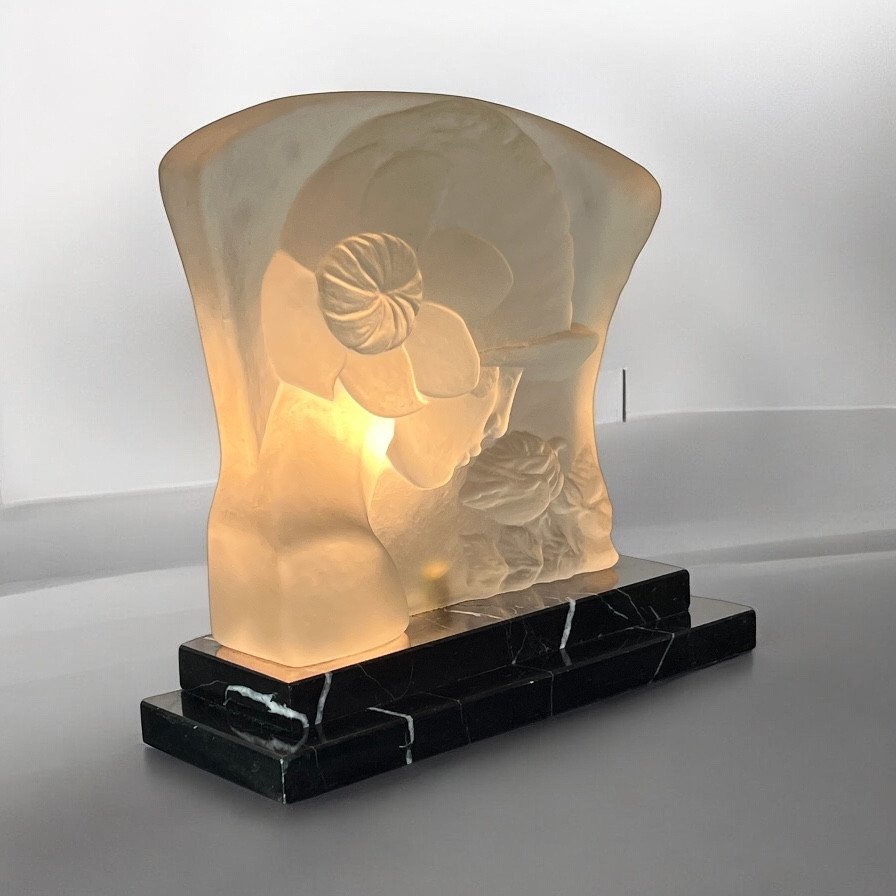 Lampe époque Art Déco En Pâte De Verre Sur Socle En Marbre " Visage De Femme "-photo-4