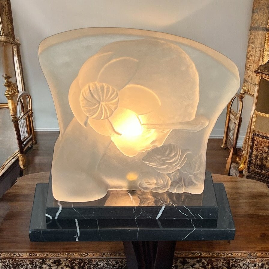 Lampe époque Art Déco En Pâte De Verre Sur Socle En Marbre " Visage De Femme "-photo-4