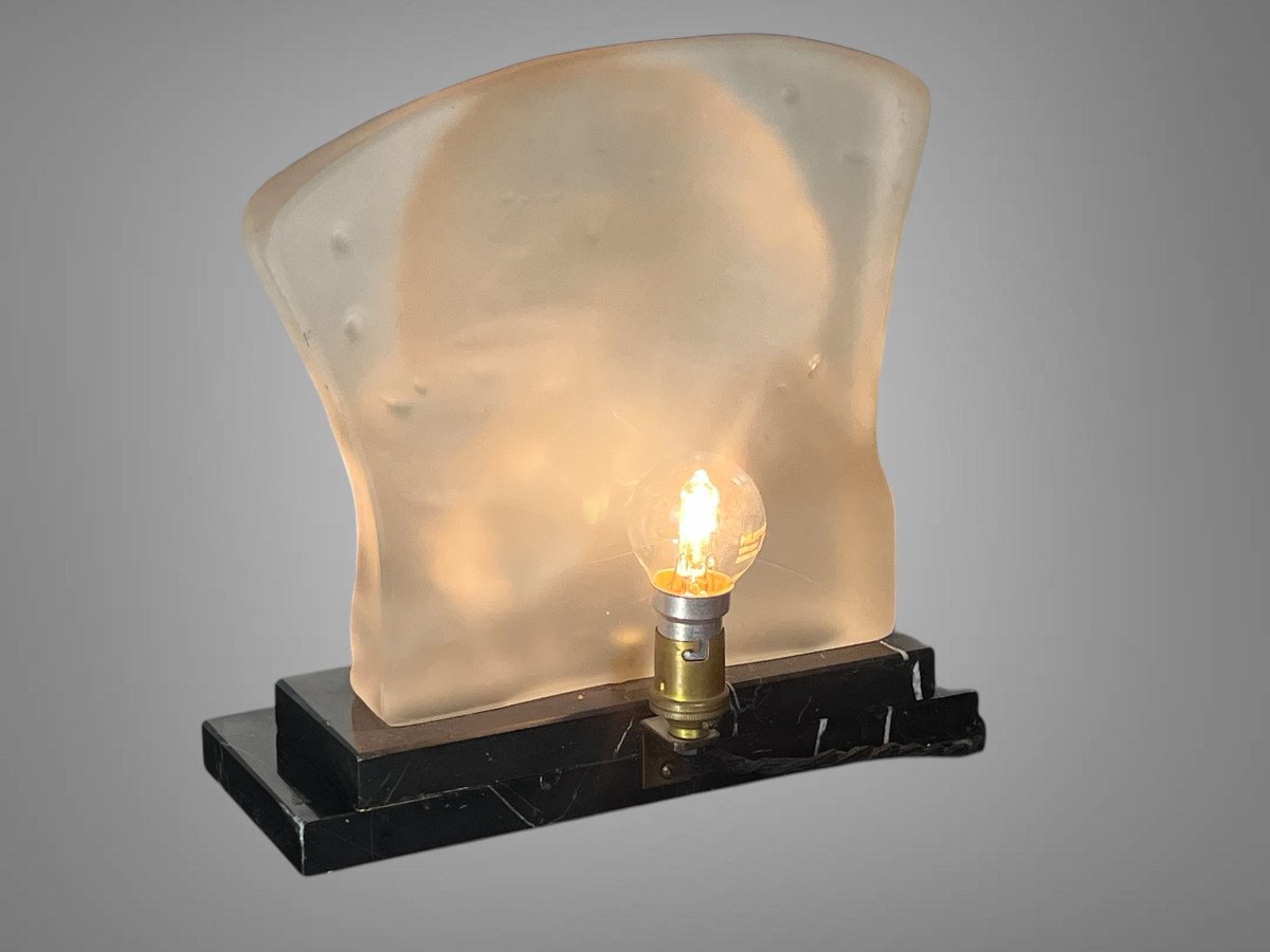 Lampe époque Art Déco En Pâte De Verre Sur Socle En Marbre " Visage De Femme "-photo-5