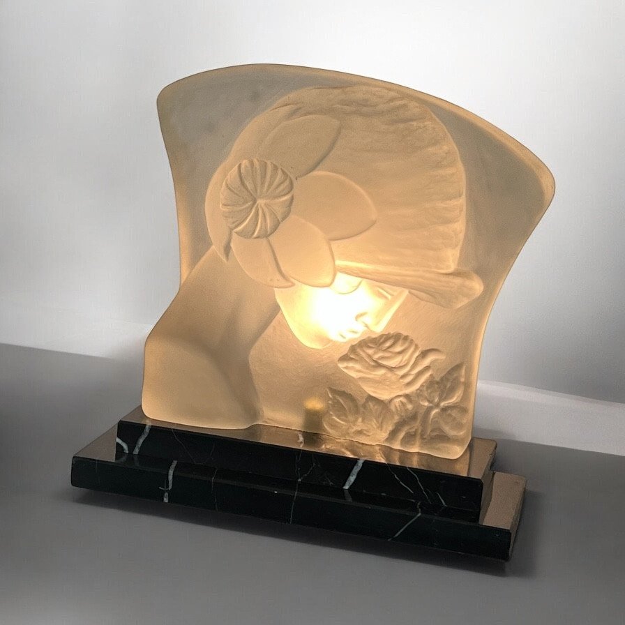 Lampe époque Art Déco En Pâte De Verre Sur Socle En Marbre " Visage De Femme "-photo-6