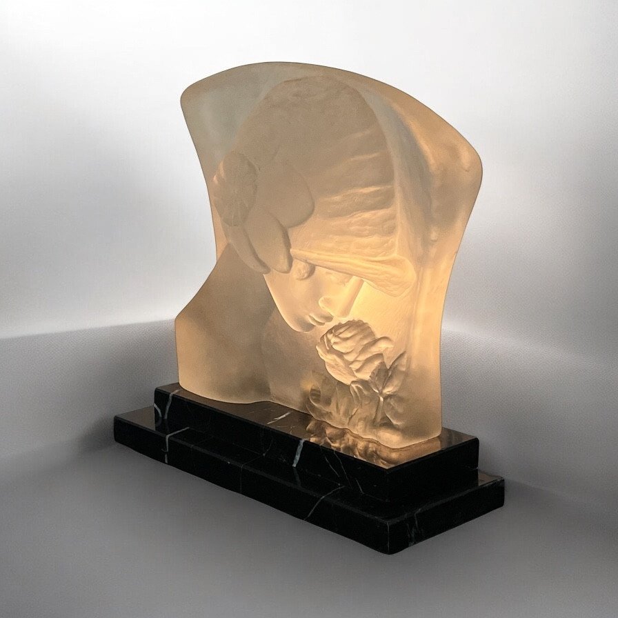 Lampe époque Art Déco En Pâte De Verre Sur Socle En Marbre " Visage De Femme "-photo-7