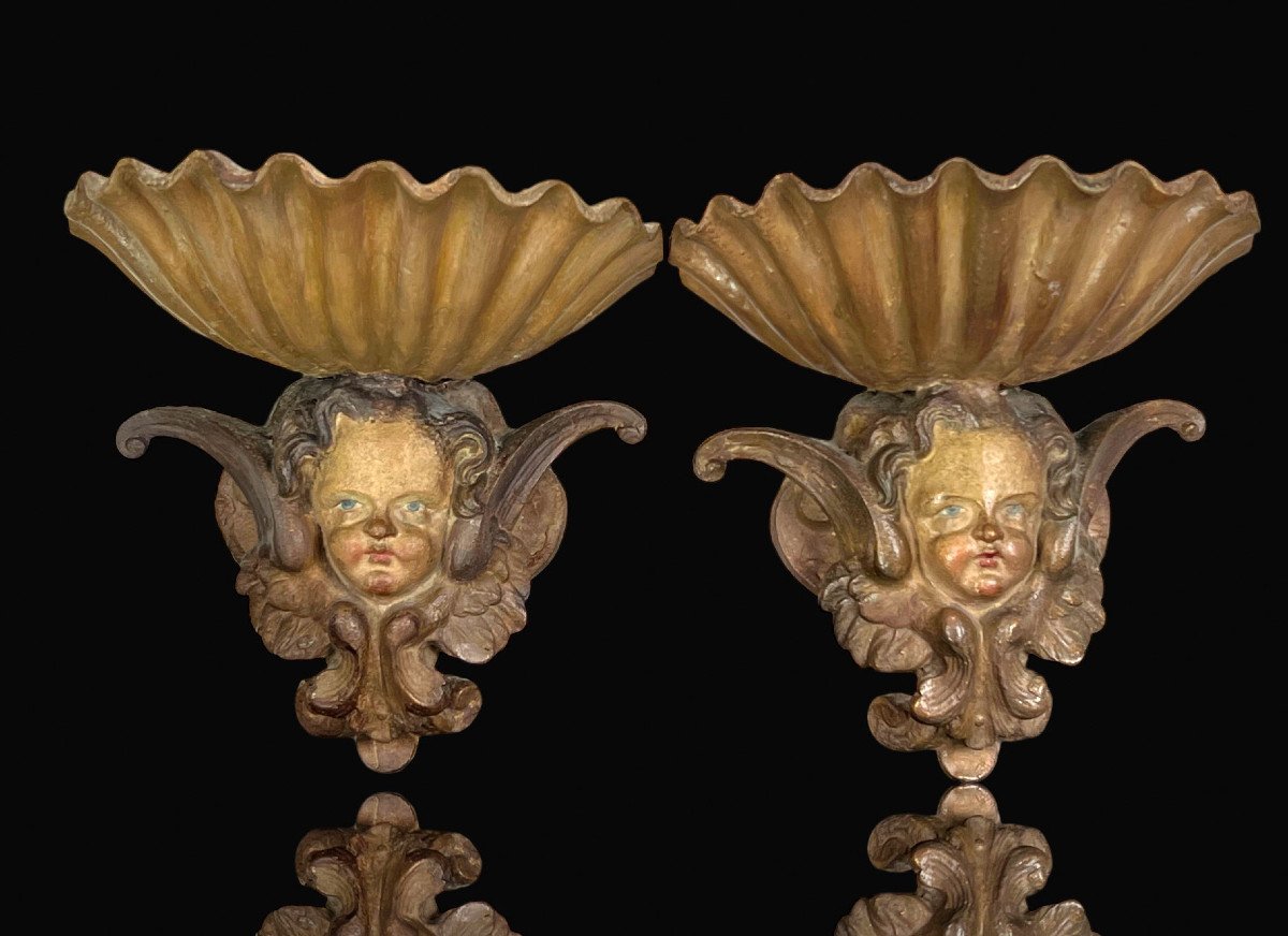 Pair Of Antique 19th Century Patinated Plaster Holy Water Fonts Decorated With Winged Cherubs-photo-2