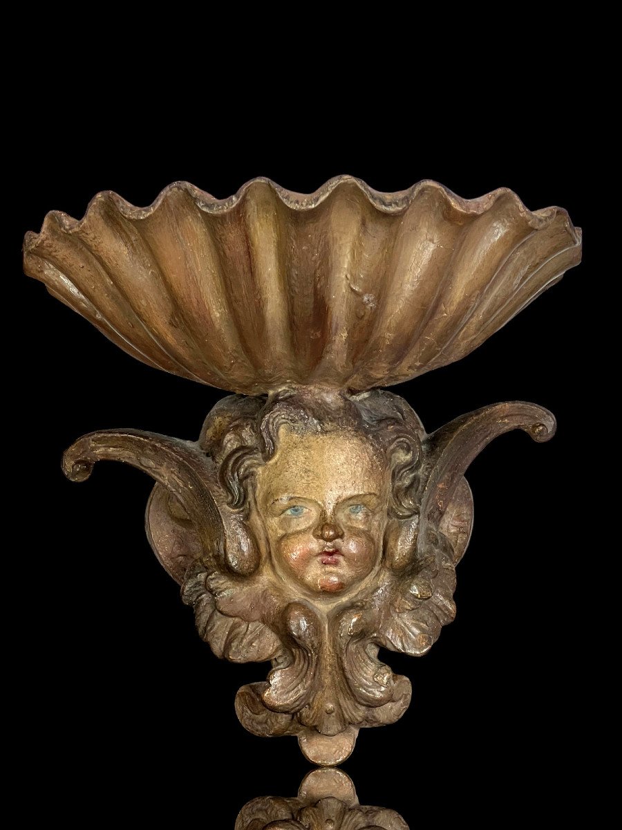 Pair Of Antique 19th Century Patinated Plaster Holy Water Fonts Decorated With Winged Cherubs-photo-4