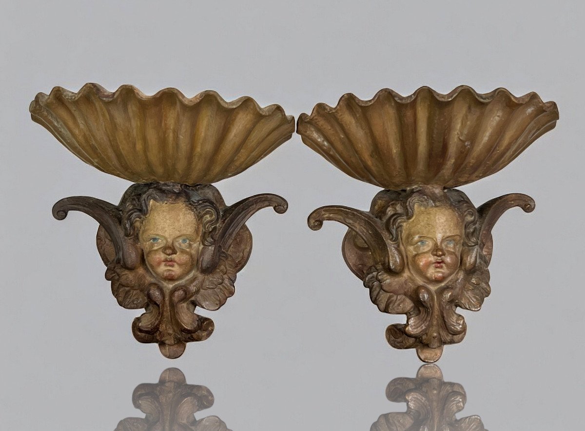 Pair Of Antique 19th Century Patinated Plaster Holy Water Fonts Decorated With Winged Cherubs