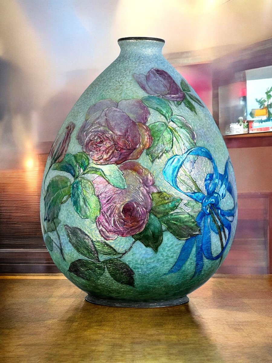 Camille Faure (1874-1956) In Limoges Large Ovoid Enamel Vase With Bas Relief-photo-3