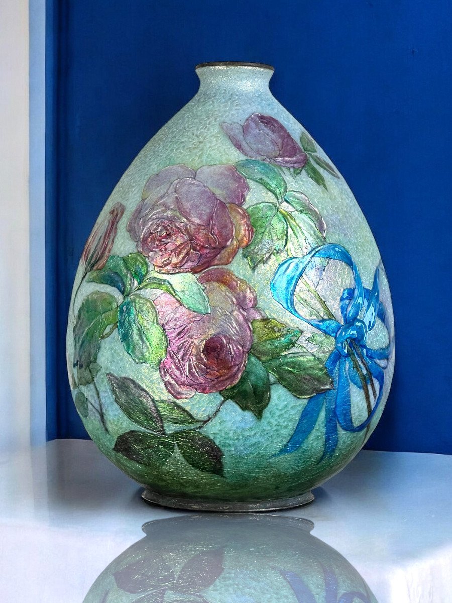 Camille Faure (1874-1956) In Limoges Large Ovoid Enamel Vase With Bas Relief-photo-1