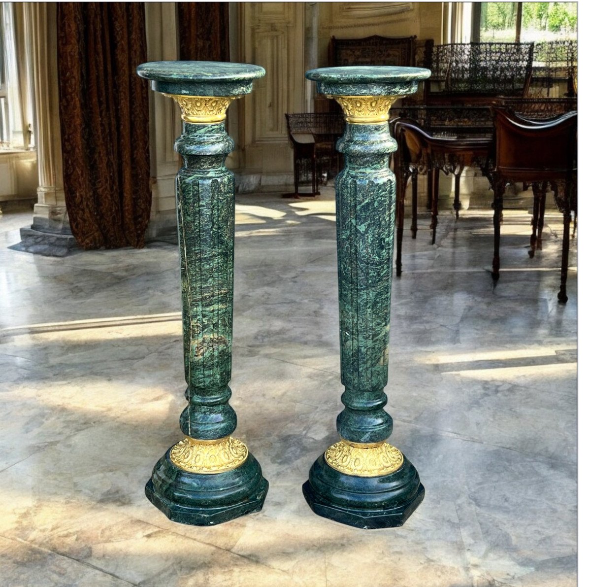 Paire De Colonnes En Marbre Vert Ornées De Bronze Doré Du XIXe De 118 Cm De Haut-photo-2