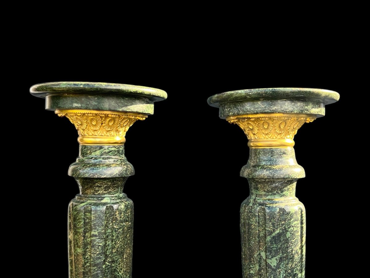 Paire De Colonnes En Marbre Vert Ornées De Bronze Doré Du XIXe De 118 Cm De Haut-photo-1