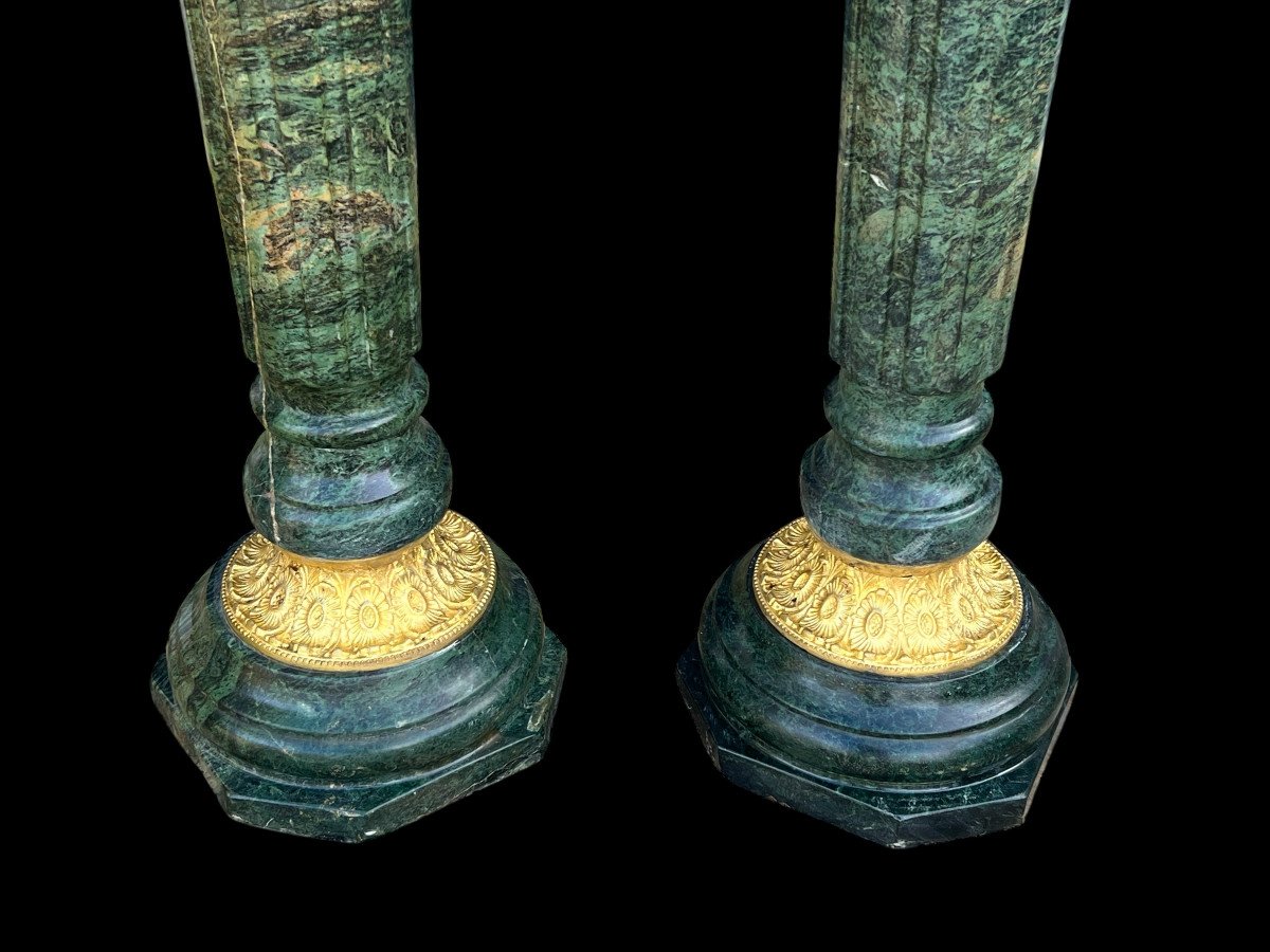 Paire De Colonnes En Marbre Vert Ornées De Bronze Doré Du XIXe De 118 Cm De Haut-photo-2