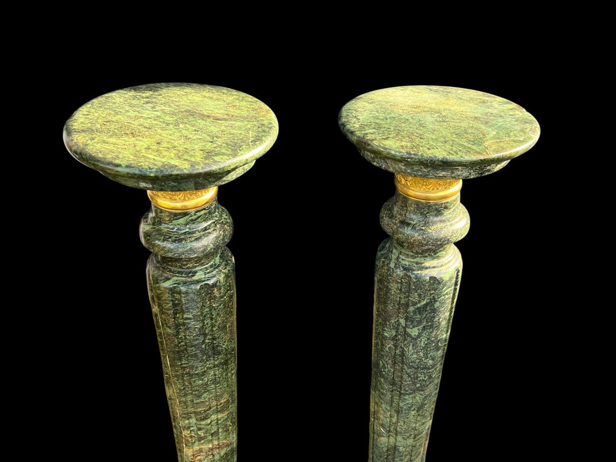 Paire De Colonnes En Marbre Vert Ornées De Bronze Doré Du XIXe De 118 Cm De Haut-photo-4