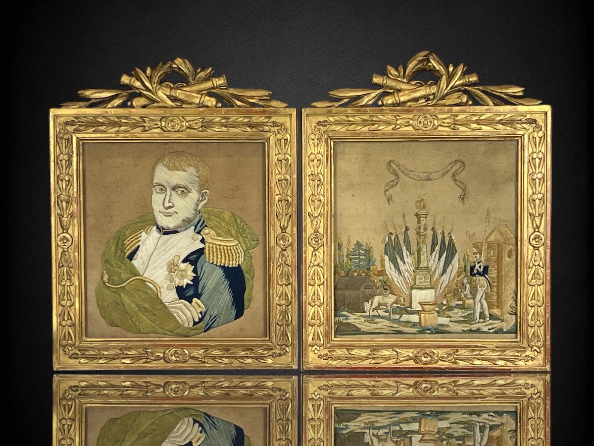 Pair Of Napoleonic Paintings In Printed Silk And Embroidered With Silk Threads-photo-2