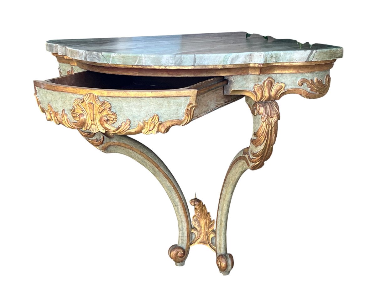 19th Century Louis XV Style Corner Console Painted And Gilded With Wooden Top-photo-4