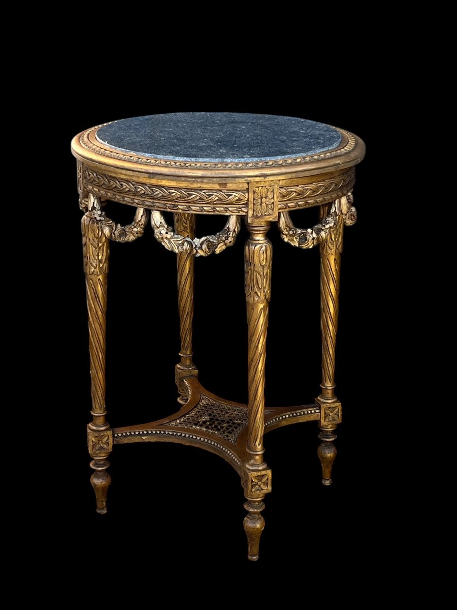 Gueridon Rond Ancien En Bois Patiné De Style Louis XVI Avec Un Dessus Marbre-photo-1