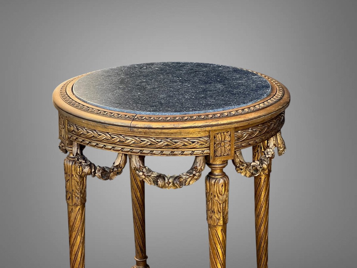 Gueridon Rond Ancien En Bois Patiné De Style Louis XVI Avec Un Dessus Marbre-photo-4