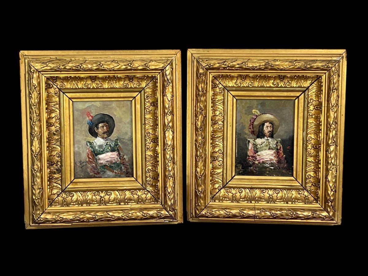 Pair Of 19th Century Oil Paintings On Panels Depicting Musketeers-photo-2