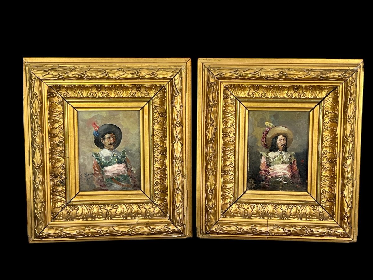 Pair Of 19th Century Oil Paintings On Panels Depicting Musketeers