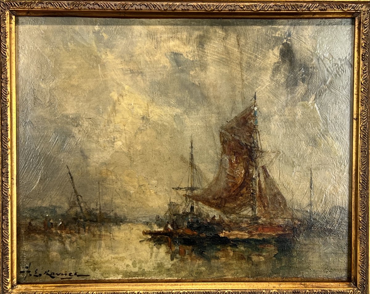 Painting / Oil On Panel By Jean Etienne Karnec 1865-1934 (boats In Port)-photo-2