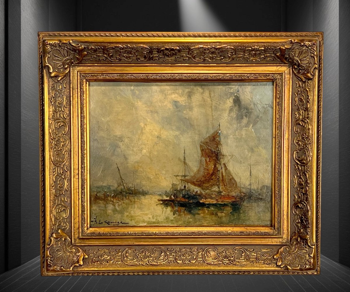 Tableau / Huile Sur Panneau De Jean Etienne Karnec 1865-1934 ( Bateaux Au Port )-photo-6