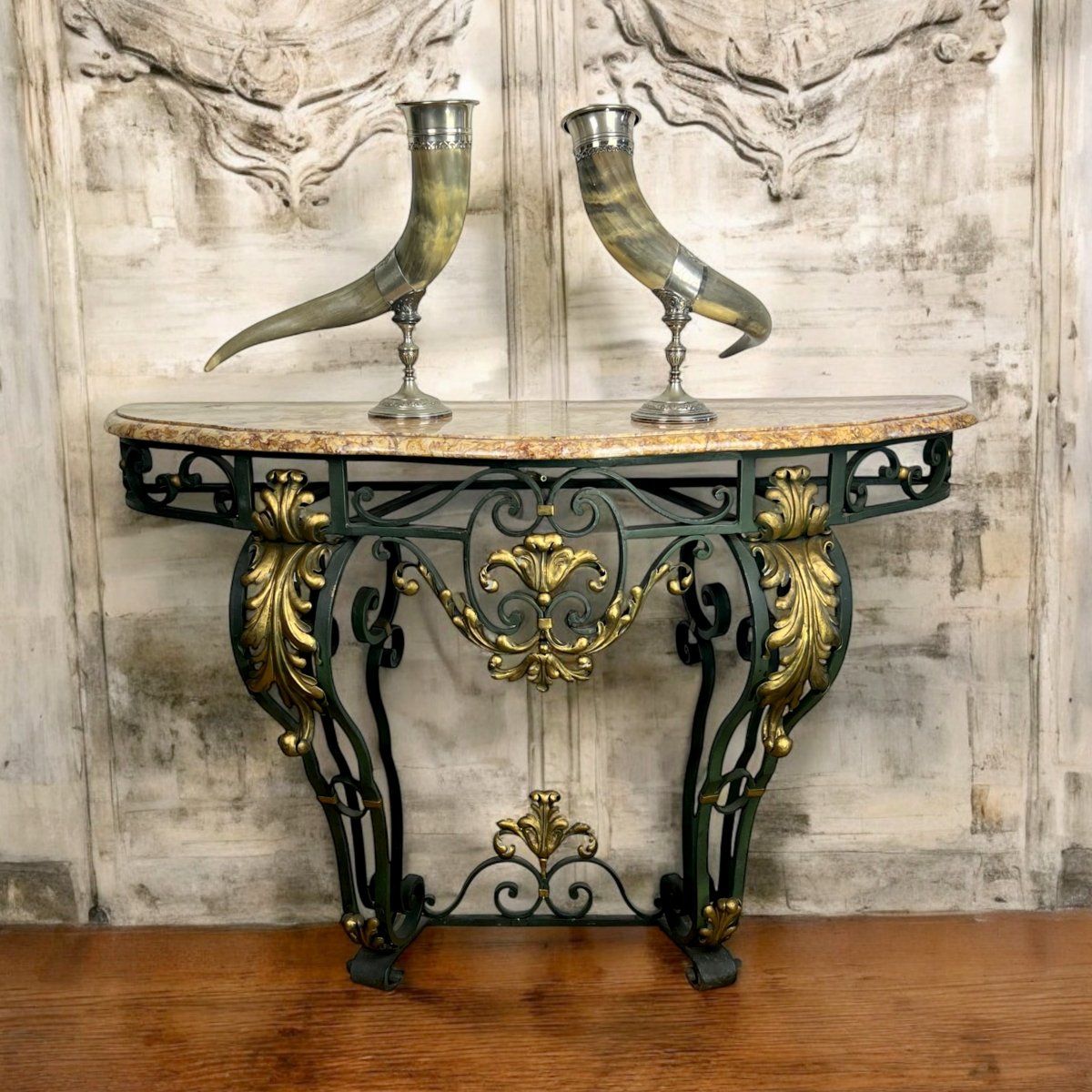 Wrought Iron Console Table With Foliage Decor And Marble Top, Art Deco Period-photo-1