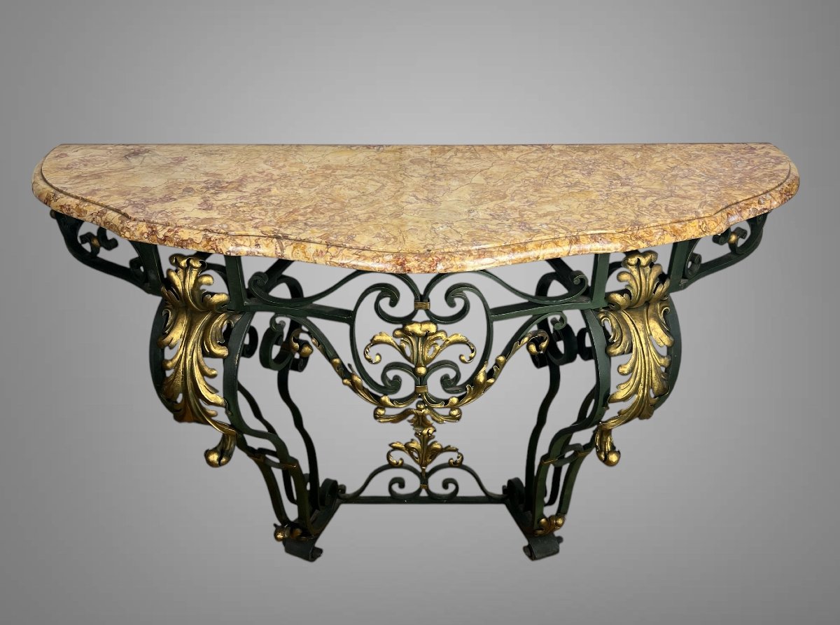 Wrought Iron Console Table With Foliage Decor And Marble Top, Art Deco Period-photo-2