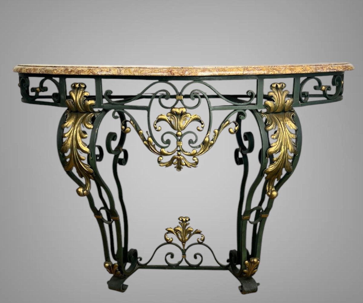 Wrought Iron Console Table With Foliage Decor And Marble Top, Art Deco Period-photo-3