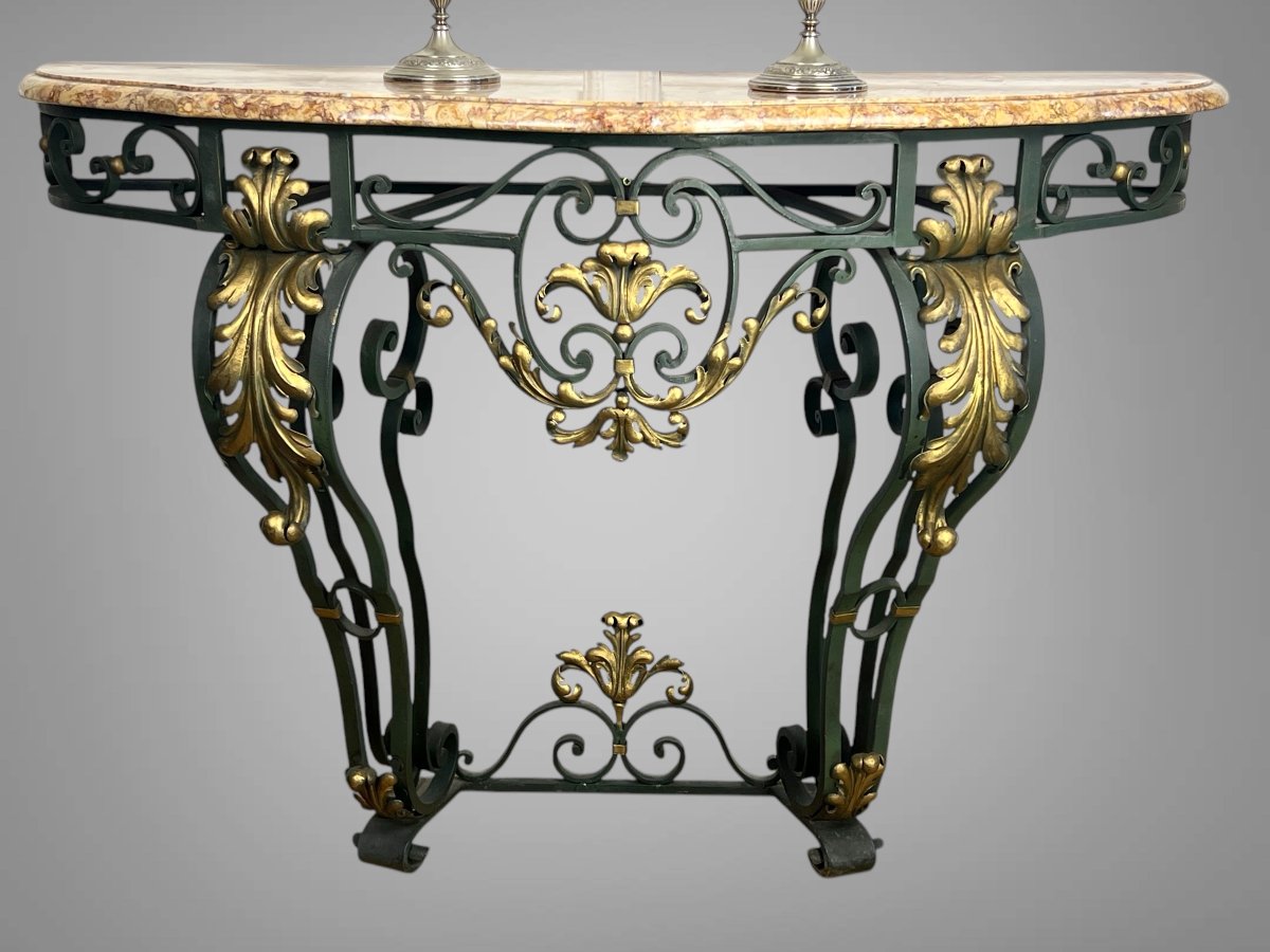 Wrought Iron Console Table With Foliage Decor And Marble Top, Art Deco Period-photo-4