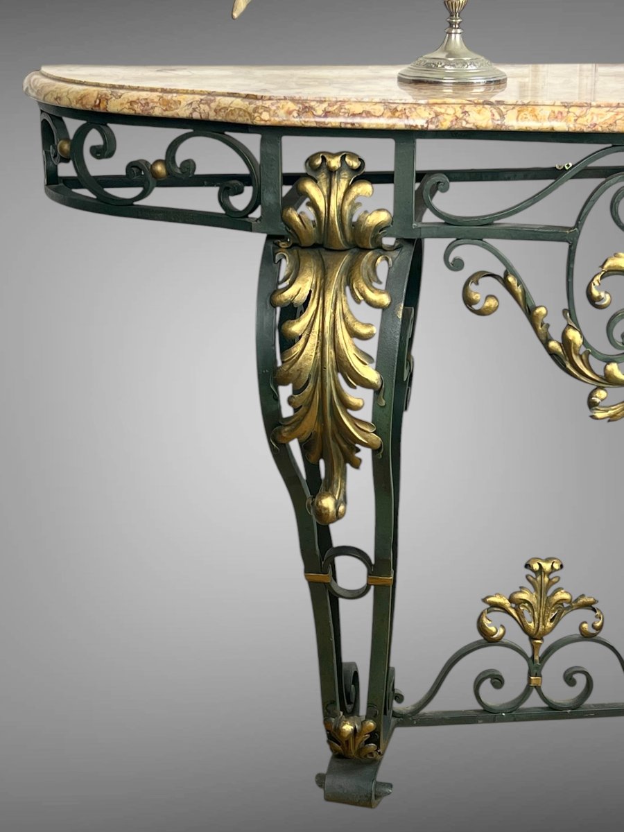 Wrought Iron Console Table With Foliage Decor And Marble Top, Art Deco Period-photo-5