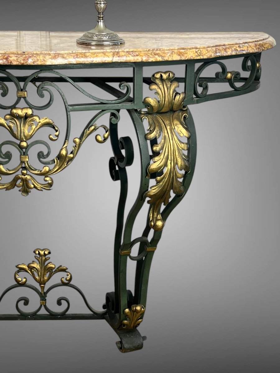 Wrought Iron Console Table With Foliage Decor And Marble Top, Art Deco Period-photo-6