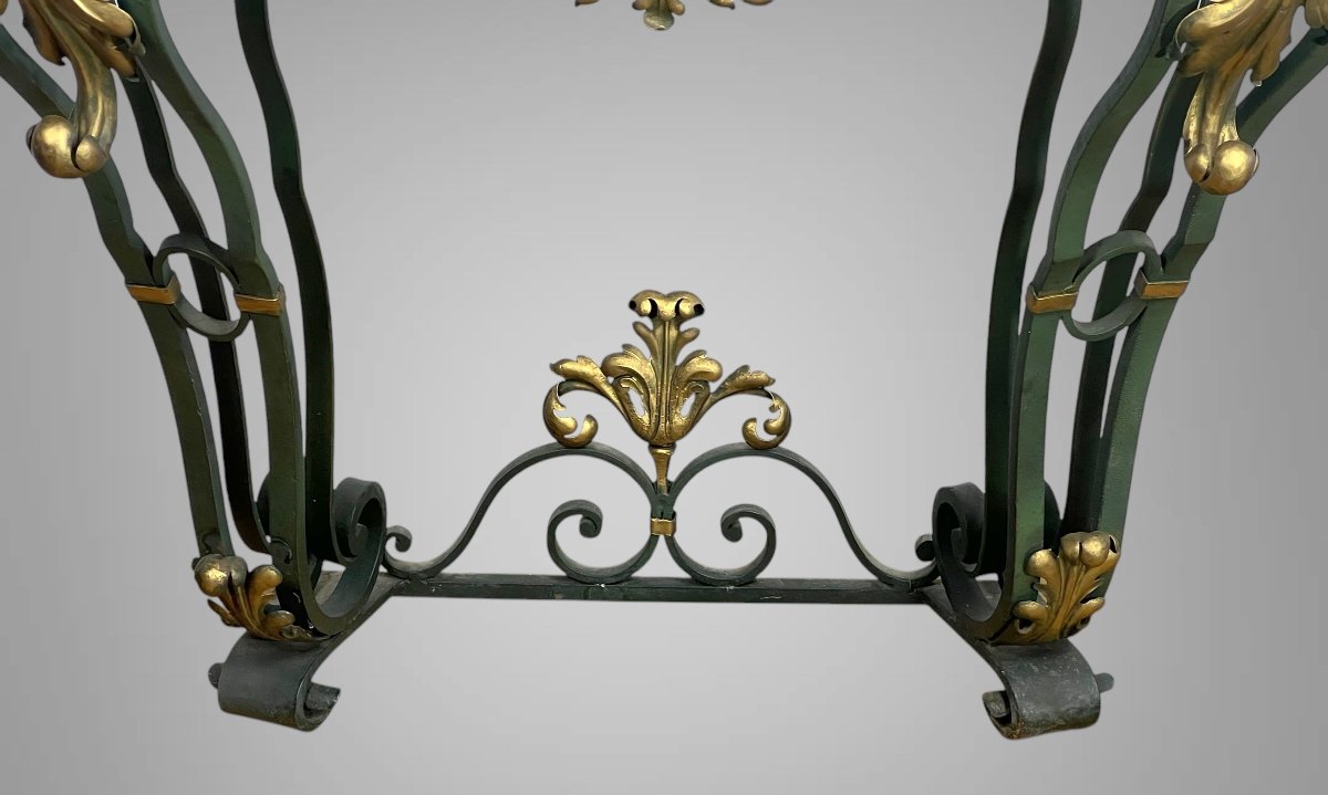 Wrought Iron Console Table With Foliage Decor And Marble Top, Art Deco Period-photo-7