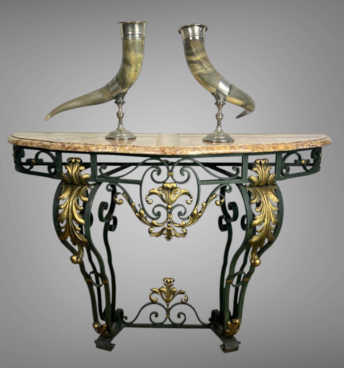 Wrought Iron Console Table With Foliage Decor And Marble Top, Art Deco Period-photo-8