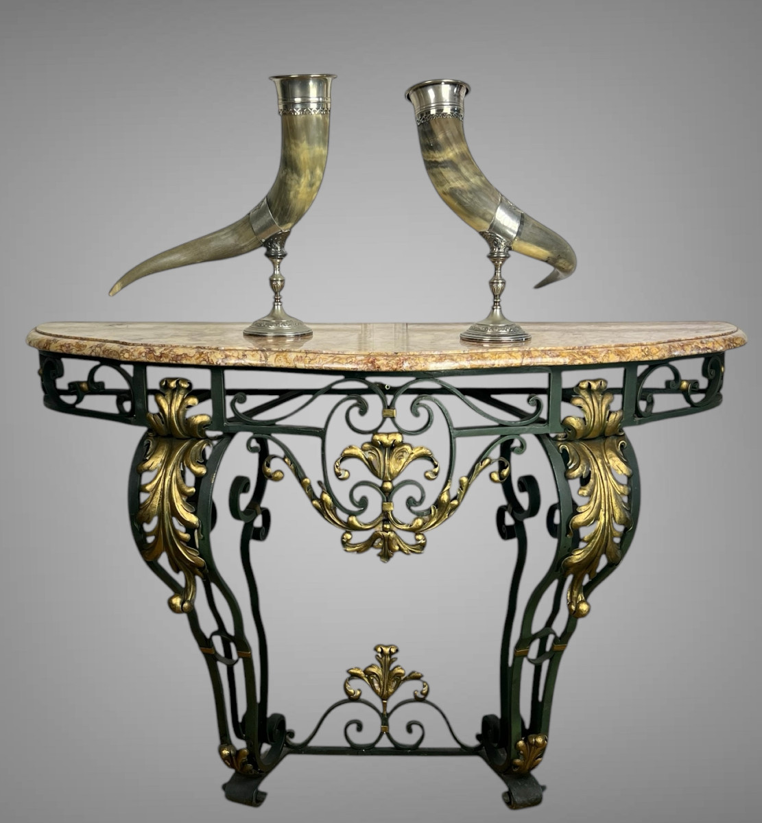 Wrought Iron Console Table With Foliage Decor And Marble Top, Art Deco Period