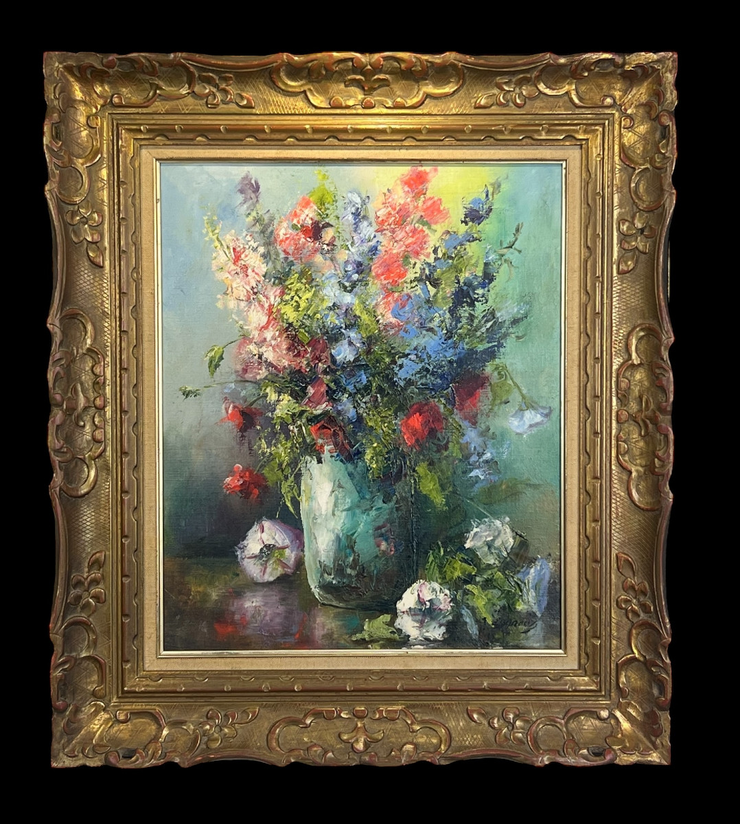 Painting / Oil On Canvas Depicting A Framed Bouquet Of Flowers-photo-2