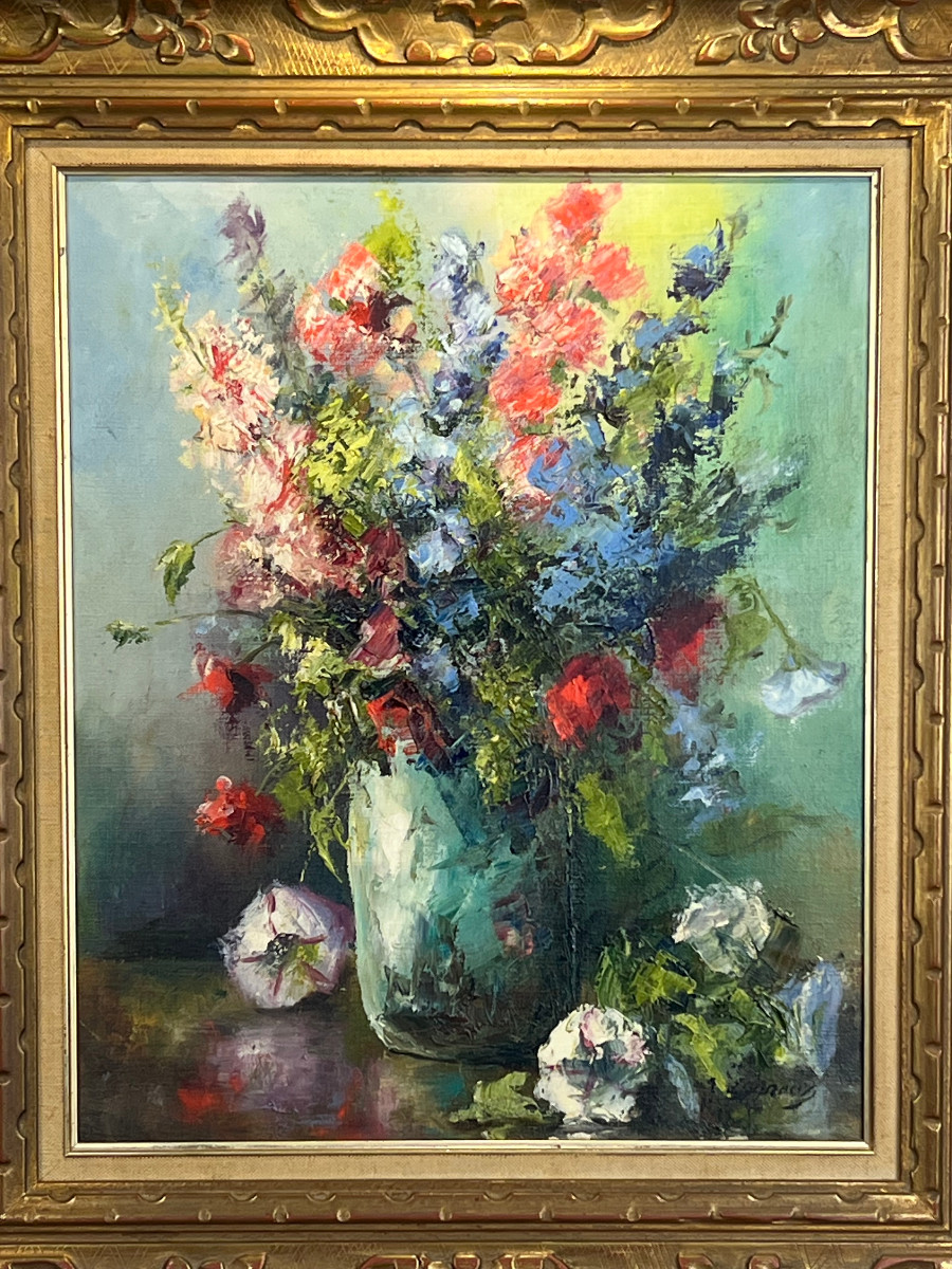 Painting / Oil On Canvas Depicting A Framed Bouquet Of Flowers-photo-3