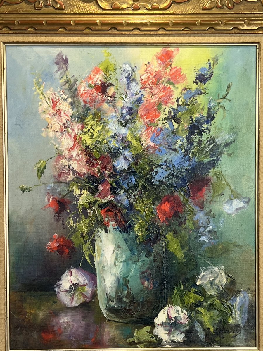 Painting / Oil On Canvas Depicting A Framed Bouquet Of Flowers-photo-2