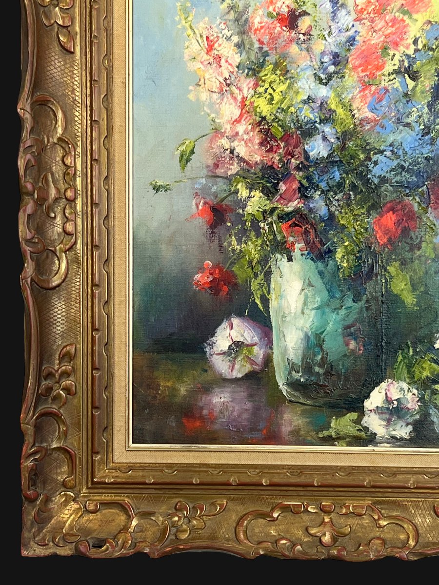 Tableau / Peinture / Huile Sur Toile Représentant Un Bouquet De Fleurs Encadré-photo-4