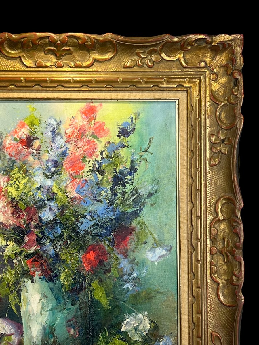 Tableau / Peinture / Huile Sur Toile Représentant Un Bouquet De Fleurs Encadré-photo-7