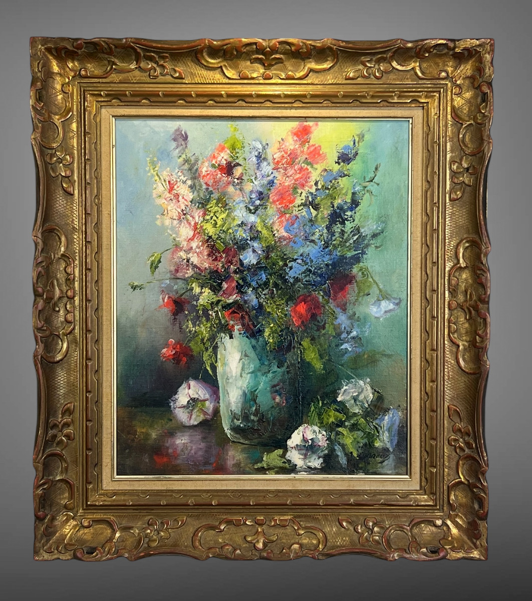 Painting / Oil On Canvas Depicting A Framed Bouquet Of Flowers