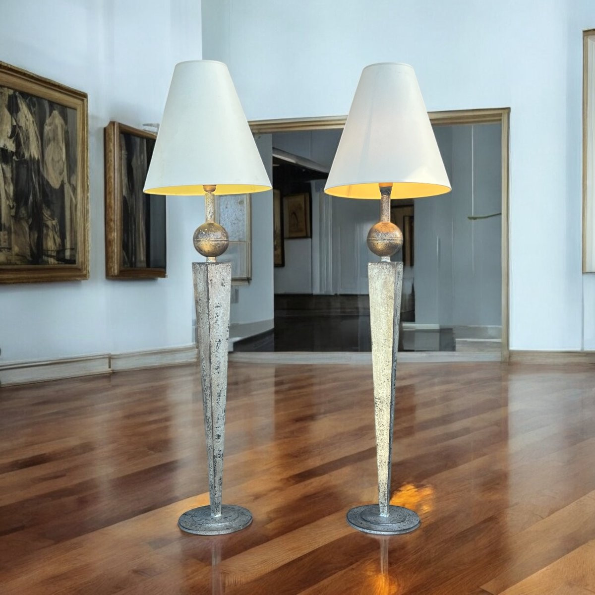 Grande Paire De Lampes Des Années 70 En Métal Argenté De 1,30 Mètre De Haut-photo-3