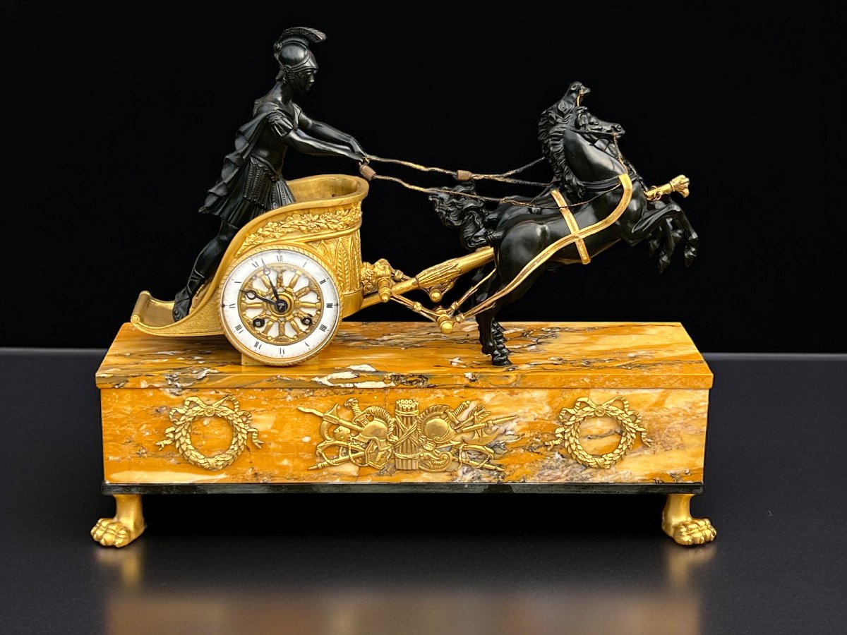 Empire Clock In Bronze With 2 Patinas And Siena Marble "chariot Clock 1880"-photo-2