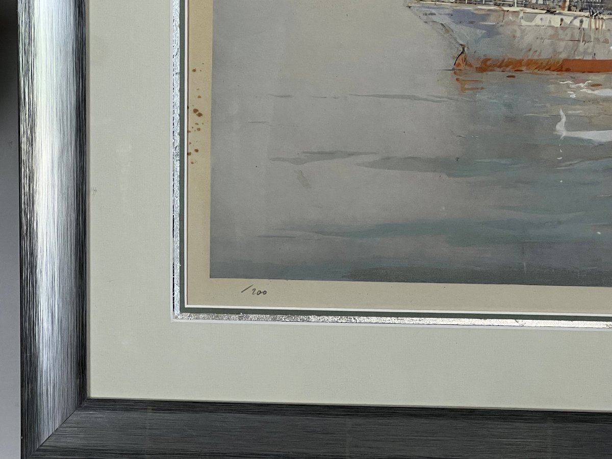 Marin-marie 1901-1987 Grande Lithographie " Trois Mats Sur Une Mer Calme "-photo-3