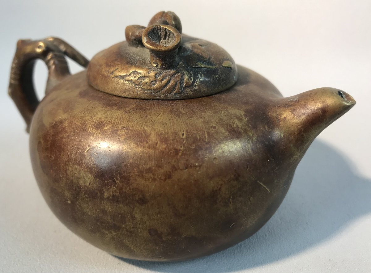 Old Asian Bronze Teapot With Its Stamp Below-photo-4