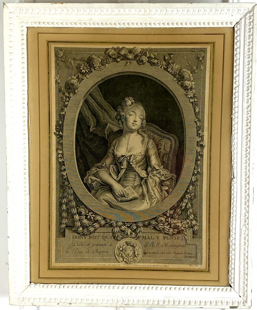 GRAVURE ET CADRE 18eme EPOQUE LOUIS XVI " HONY SOIT QUI MAL Y PENSE "-photo-3