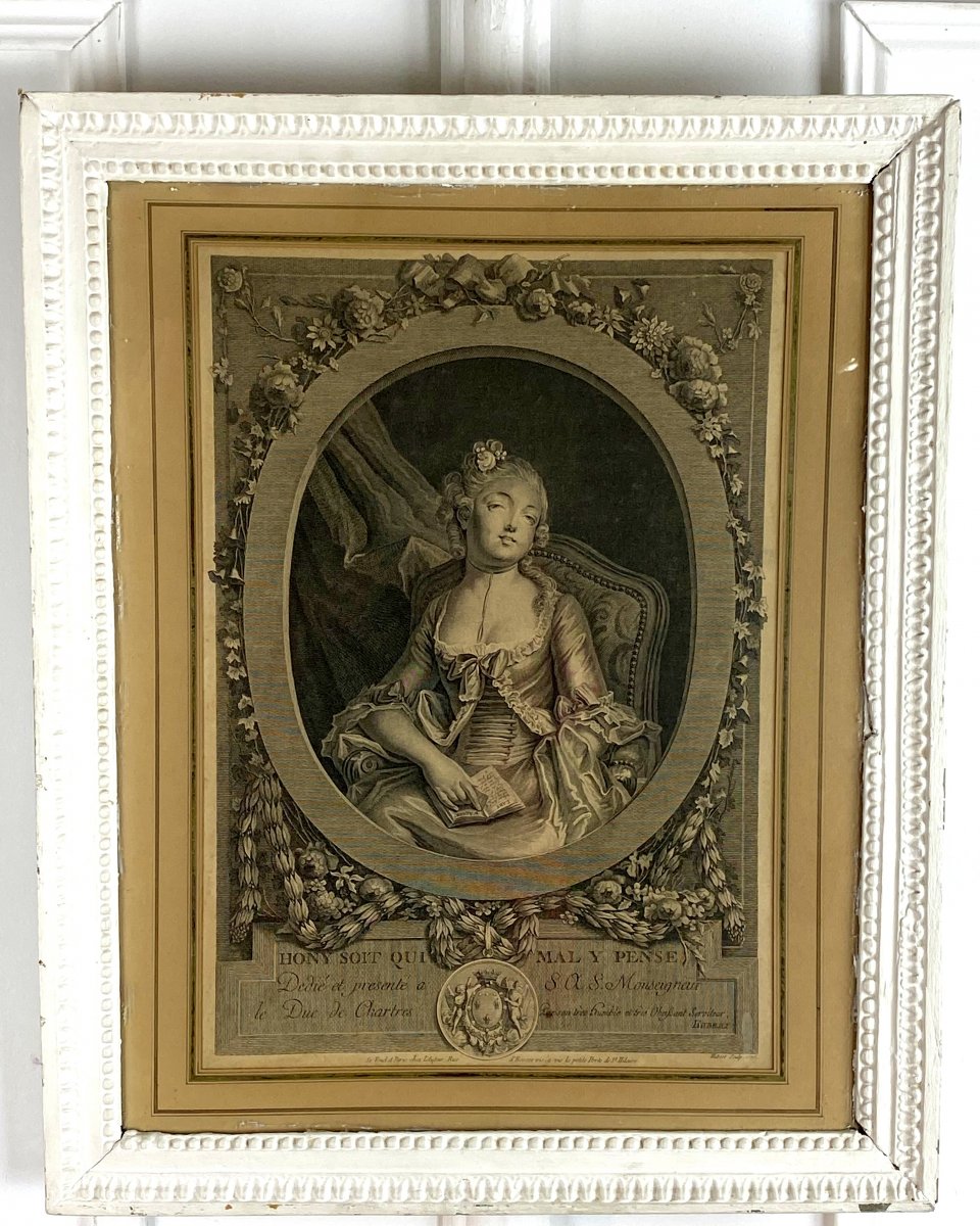 GRAVURE ET CADRE 18eme EPOQUE LOUIS XVI " HONY SOIT QUI MAL Y PENSE "-photo-4