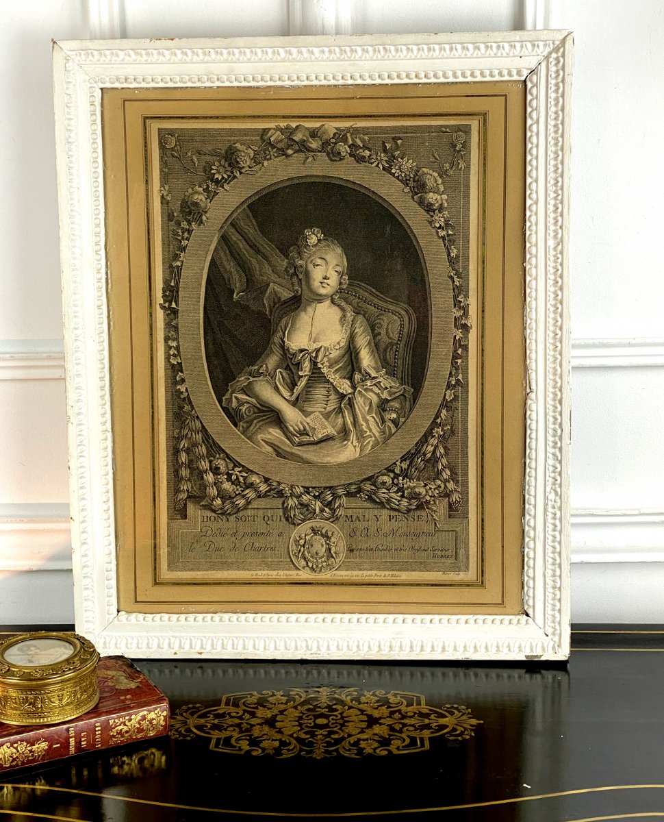 GRAVURE ET CADRE 18eme EPOQUE LOUIS XVI " HONY SOIT QUI MAL Y PENSE "-photo-6