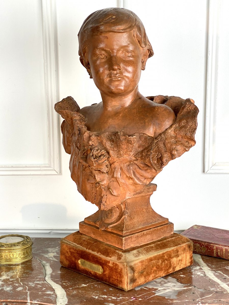 "a. Channeboux 1884" Bust Of A Young Woman In Terracotta On Wooden Base-photo-4