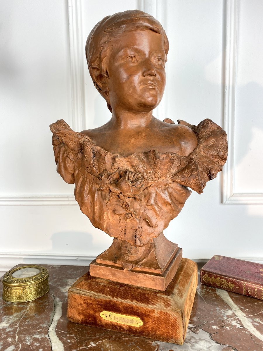 "a. Channeboux 1884" Bust Of A Young Woman In Terracotta On Wooden Base-photo-4