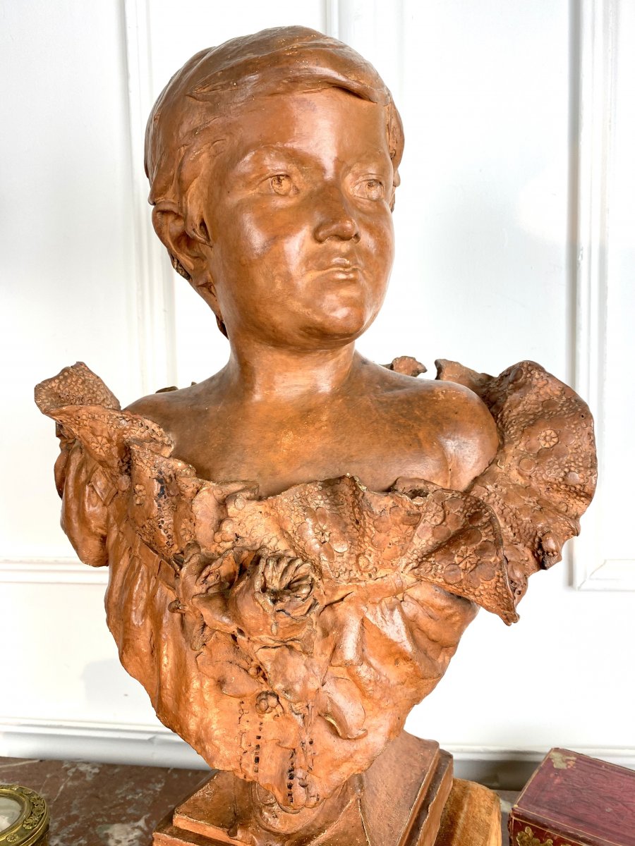 "a. Channeboux 1884" Bust Of A Young Woman In Terracotta On Wooden Base-photo-5