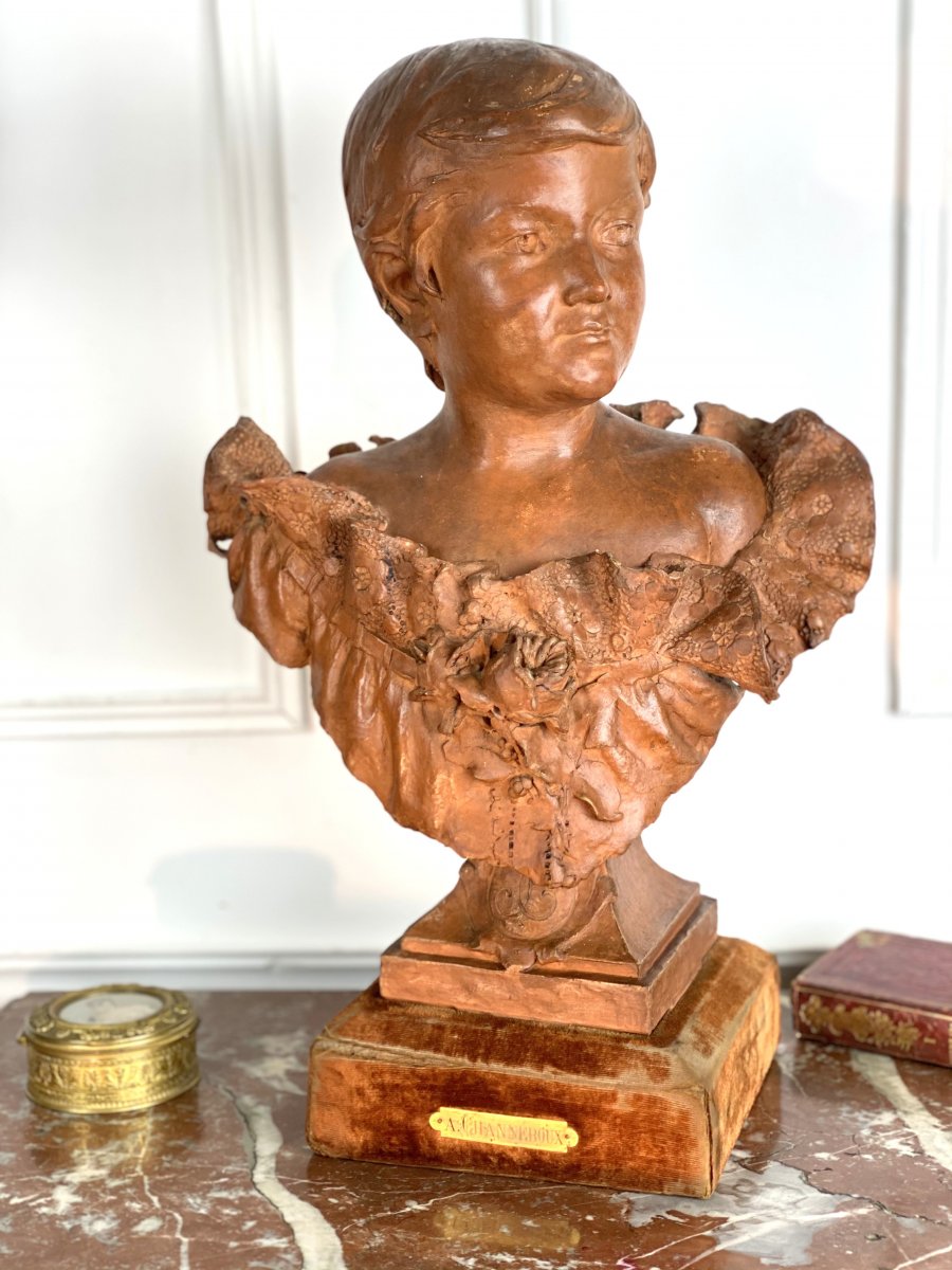 "a. Channeboux 1884" Bust Of A Young Woman In Terracotta On Wooden Base-photo-6