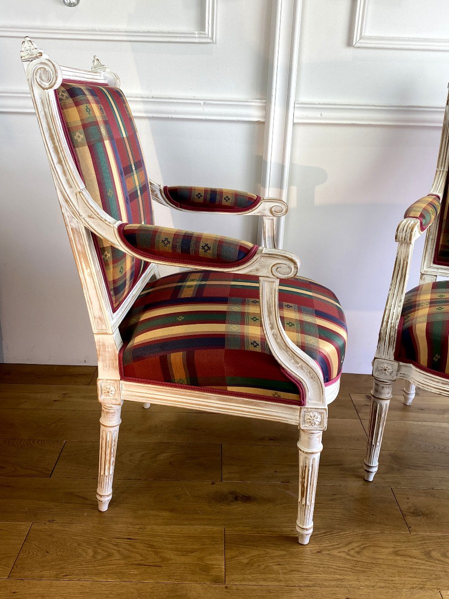 Pair Of Louis XVI Style White Lacquered Wood Armchairs And Bench-photo-2