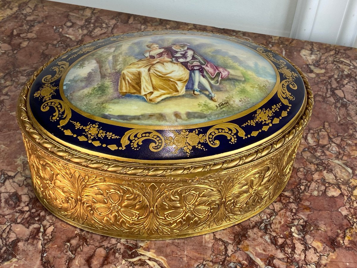 Sevres Porcelain And Brass / Bronze Box With Scene Decor Galante Signed-photo-2